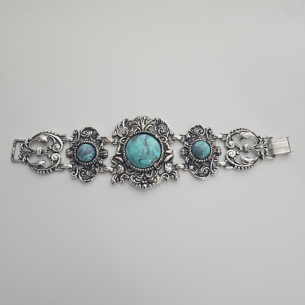 Rare Coro Pegasus Thermoset Bracelet Chunky Silver Tone Blue Lucite Vintage